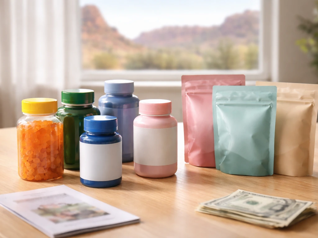 Wellness supplement bottles on a table with blurred red-rock landscape and a small out-of-focus cash stack.