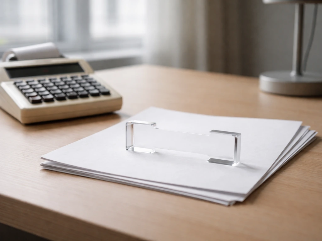 Minimal office desk with calculator and blank papers, plus translucent range brackets suggesting uncertainty.