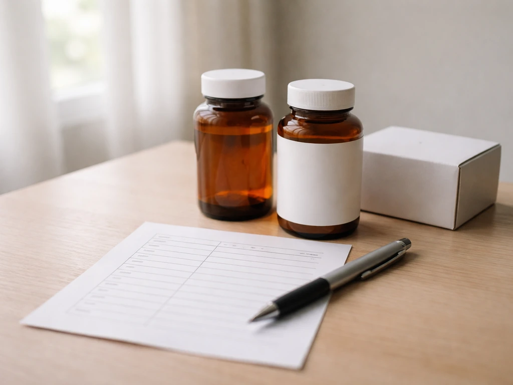 Minimal desk scene with wellness product bottles and a direct-sales style order sheet beside them