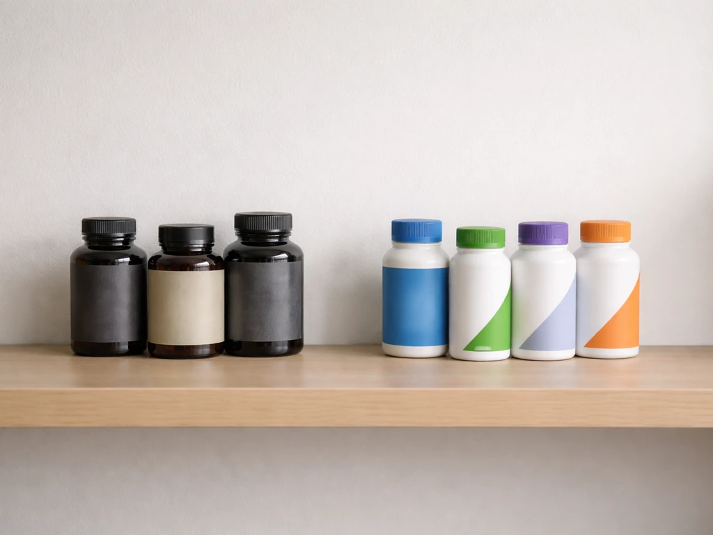 Minimal shelf scene with distinctive MLM-era and newer business product bottles side by side