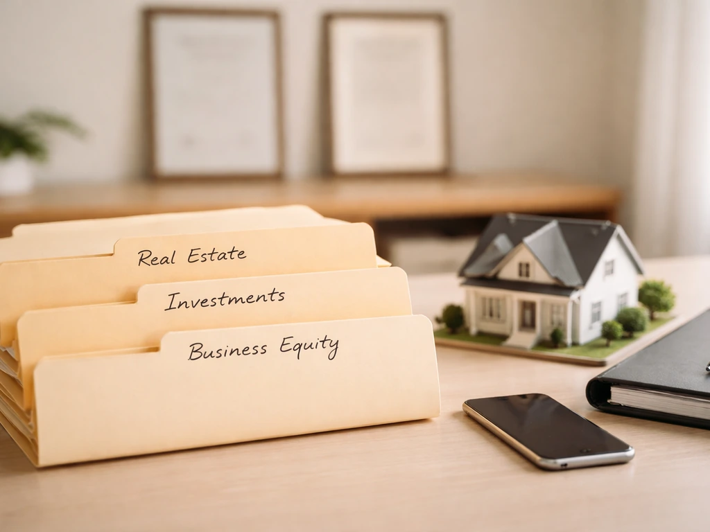 Minimal desk scene with labeled folders for real estate, investments, and business equity, plus a small house model.