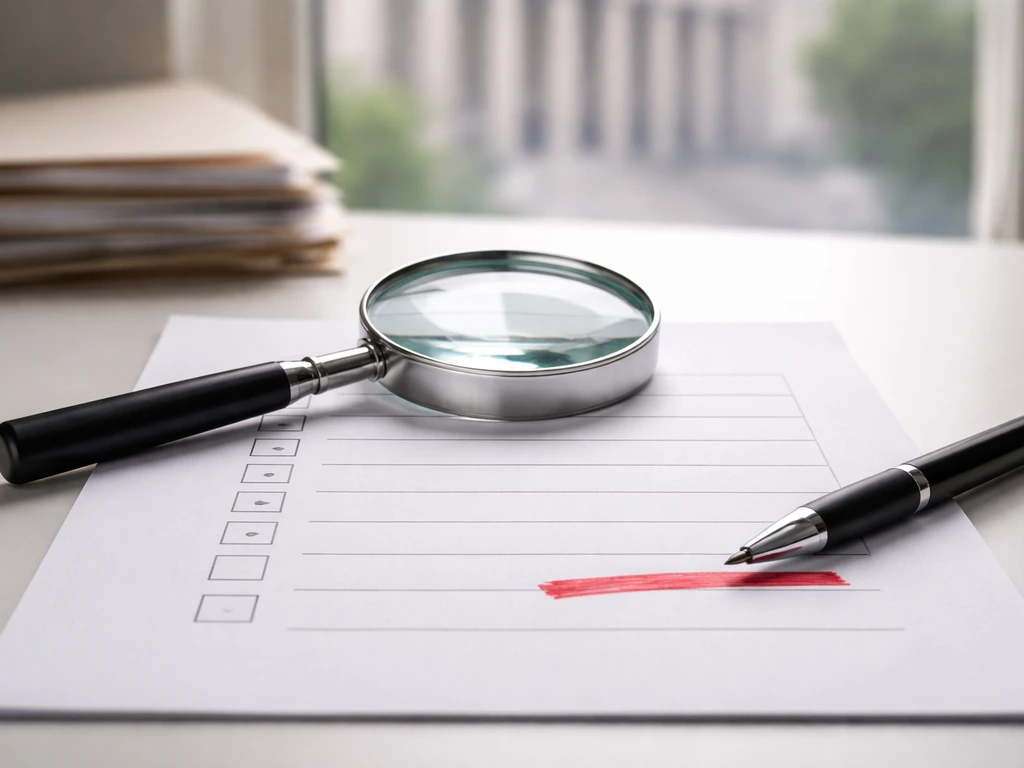 Magnifying glass over a checklist sheet with pen highlighting money-related due diligence items