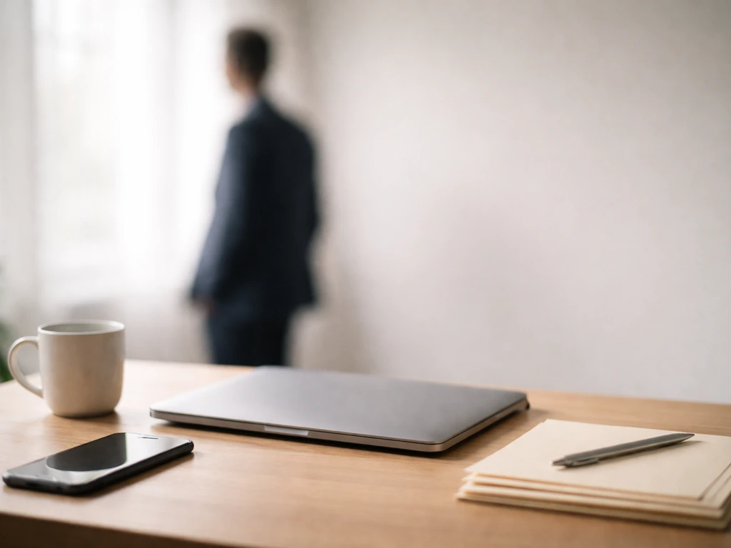 Minimal office scene with a blurred figure silhouette near a laptop, suggesting public media profile and money inquiry.