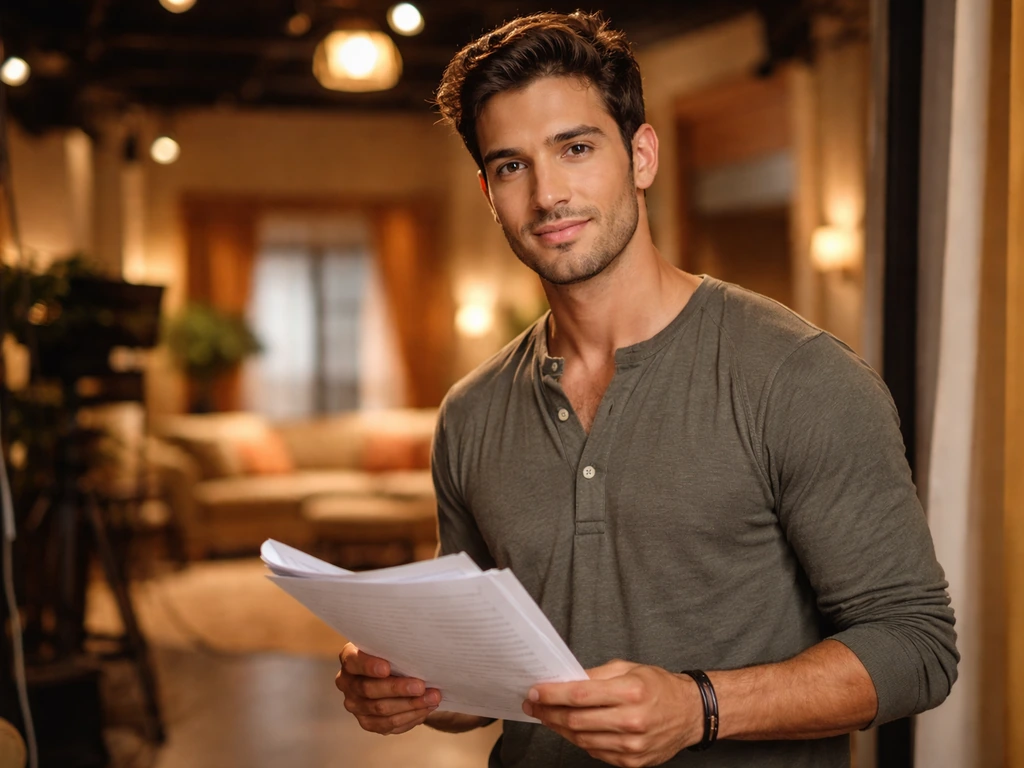 Anonymous Latin American actor-like man in a TV studio holding a script, evoking a telenovela set
