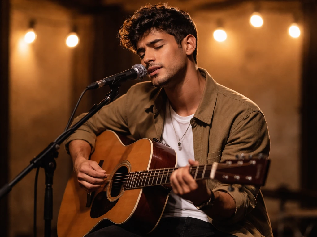 A performer sings with an acoustic guitar in a small intimate venue under warm lights.