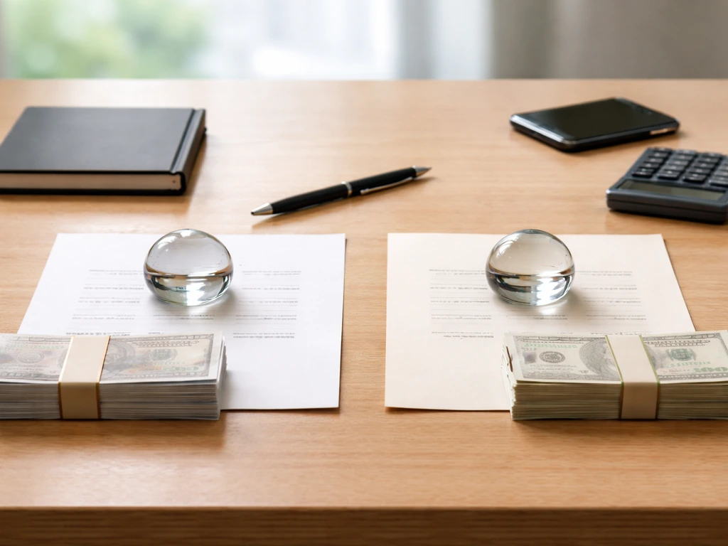 Minimal desk photo with two conflicting blank report pages beside money and office tools, no text.