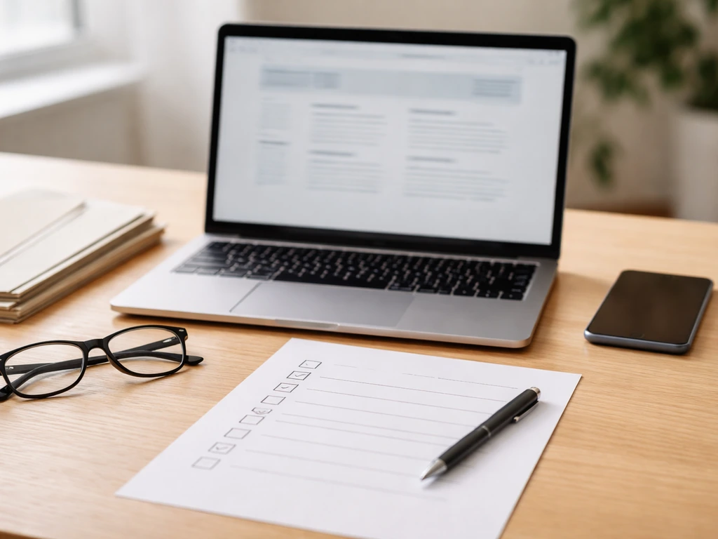 Minimal desk scene with laptop, phone, and blank checklist for verifying online claims
