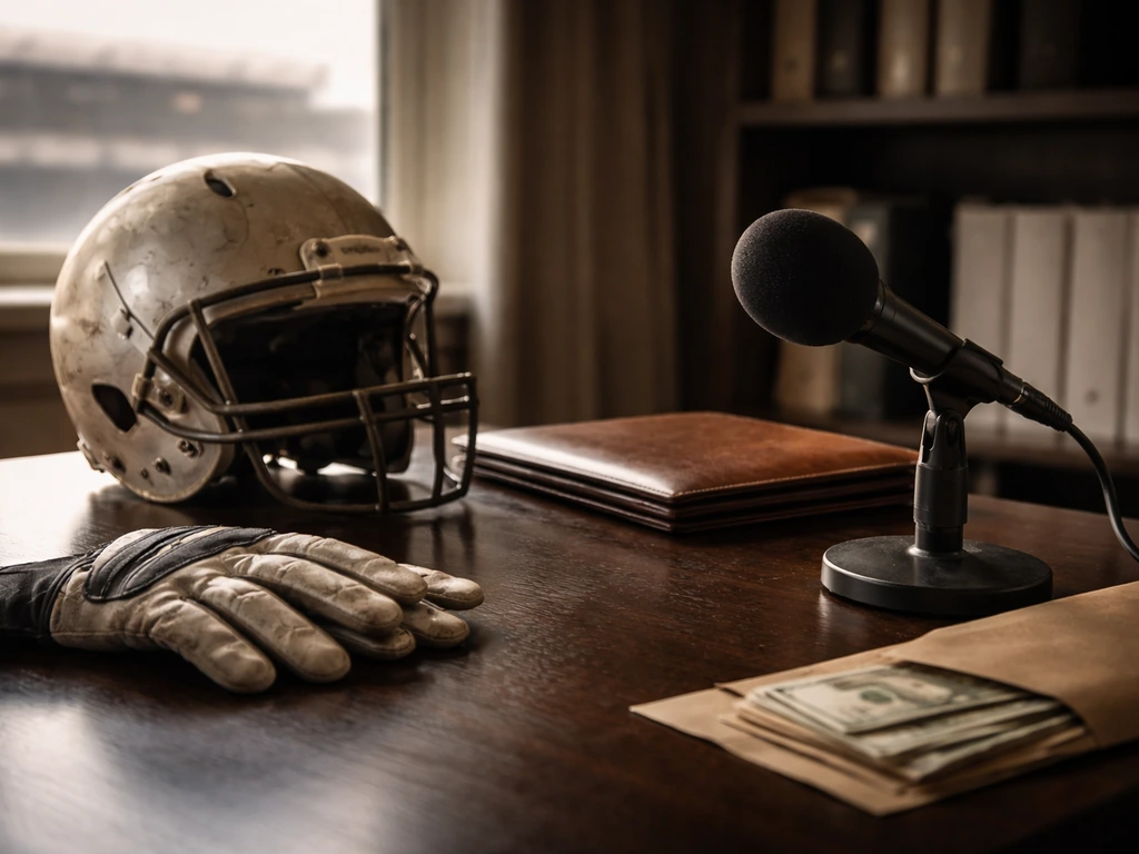 Vintage football helmet on a desk with a microphone, symbolizing sports-media and financial analysis.