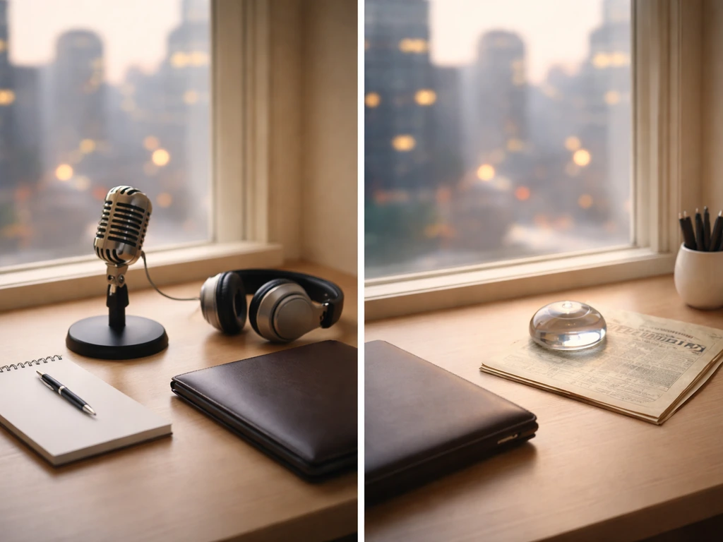 Minimal desk with microphone and portfolio beside a football-themed item, symbolizing distinguishing a specific identity