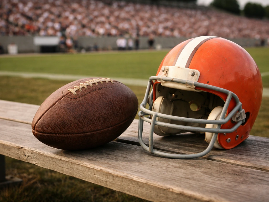 Vintage CFL sideline scene with a worn football and helmet, blurred stadium background, no people in focus.
