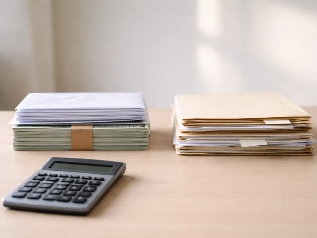 Calculator on a minimal desk with two stacks symbolizing assets and liabilities for net worth.