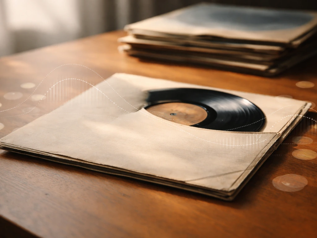 Close-up vinyl record sleeve on a wooden desk with subtle waveform-and-coin-style royalty cues