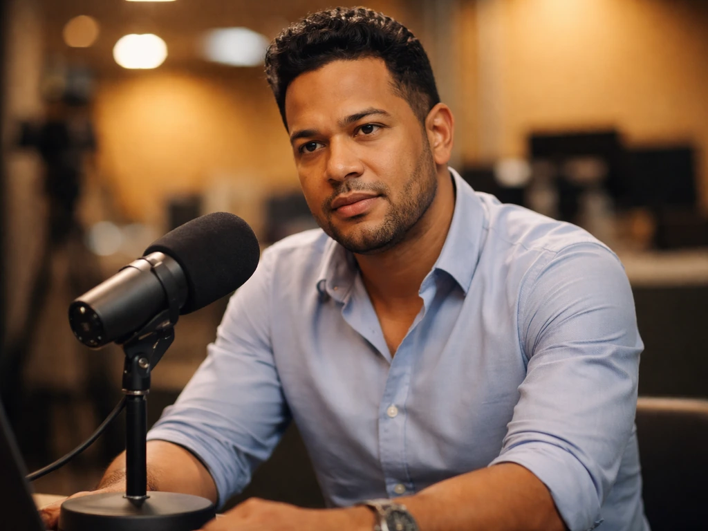 Smiling Dominican male singer seated at a TV studio desk with a broadcast microphone, blurred background.
