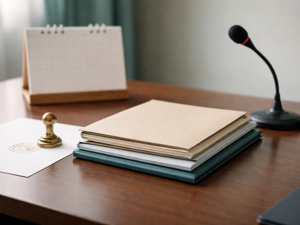 Close-up of an organized music-business desk scene with contract folders, a calendar, and a small microphone