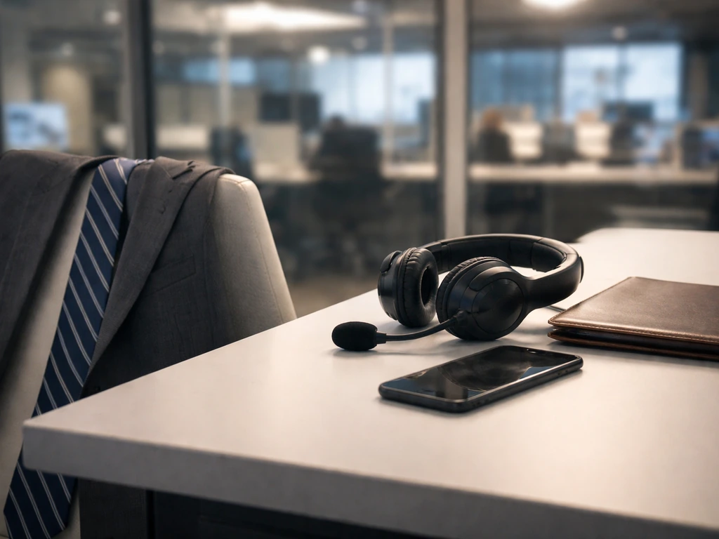 Anonymous executive office desk with a crisp tie, headset, and blurred newsroom backdrop symbolizing media leadership