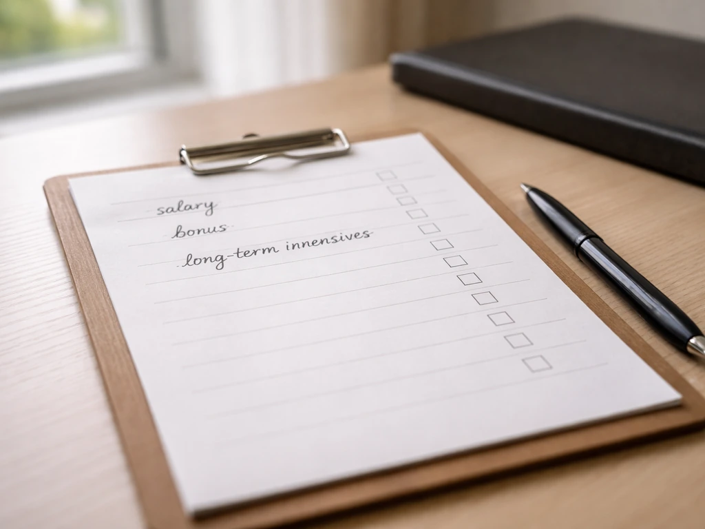 Close-up of a checklist board with a few handwritten-style categories about compensation elements, in a media-office set