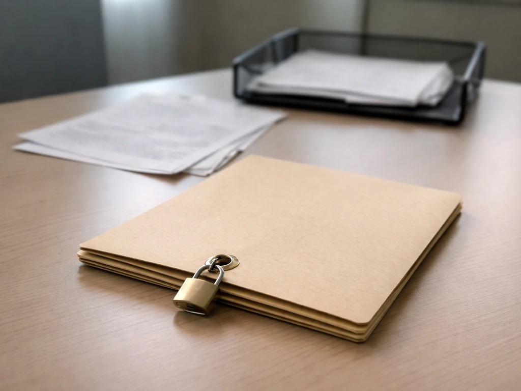 An office desk with a closed locked file folder beside blurred documents, symbolizing unverifiable private disclosures.