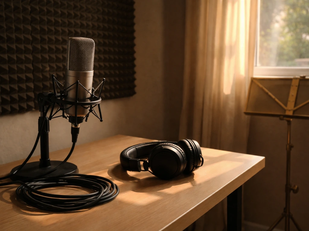 Minimal music studio scene with a microphone and headphones, symbolizing media and potential income context.