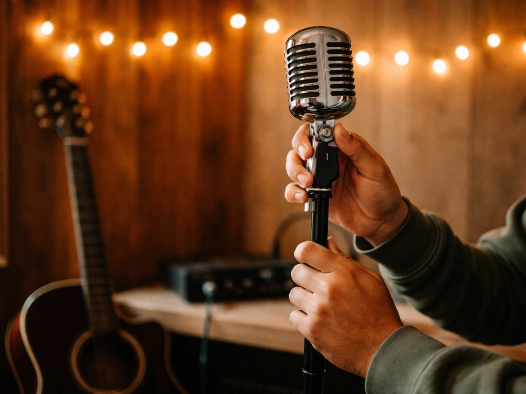 Hands adjusting a vintage microphone in a cozy home studio with warm string lights and a nearby guitar.