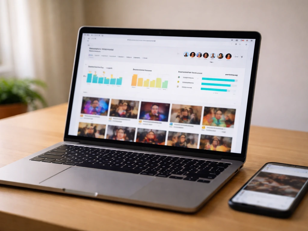 Laptop showing a blurred YouTube channel analytics-style screen with colorful video thumbnails.