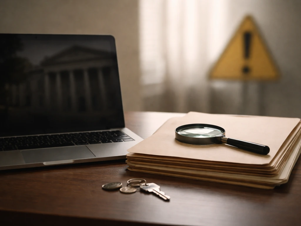 Desk setup with unlabeled property folders, coins, and a magnifying glass suggesting public-record verification limits.
