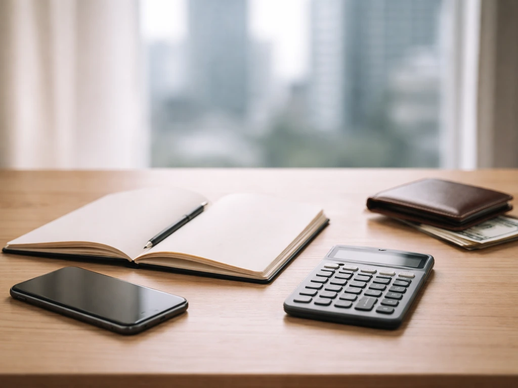Minimal desk scene with calculator, notebook, wallet, and cash symbolizing a net worth estimate range.