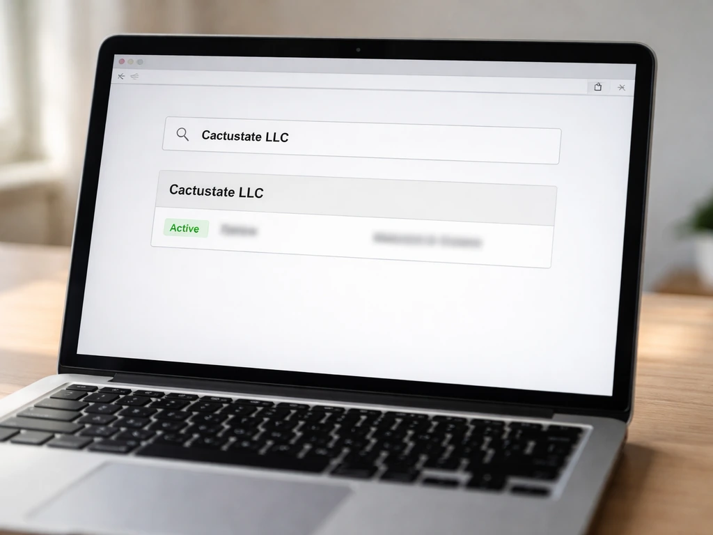 Close-up of a laptop showing an online business registry search with “Cactustate LLC” entered and status highlighted