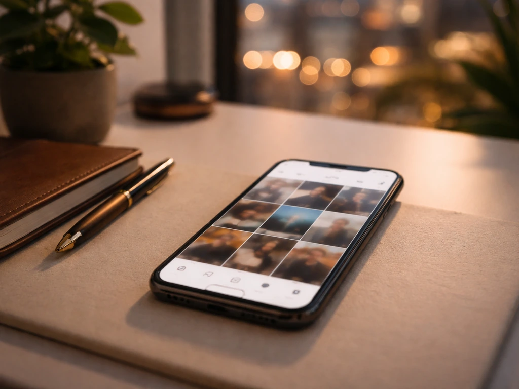 Phone displaying social media reels on a desk with a soft luxury lifestyle background, symbolizing online wealth and ver