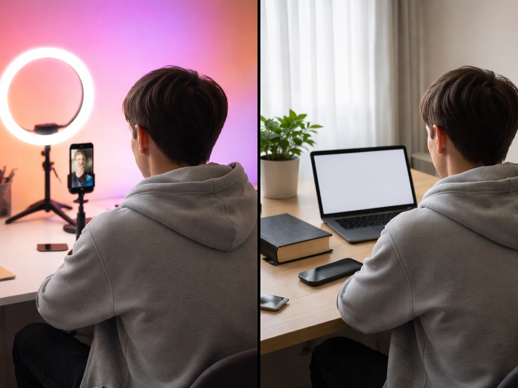 Two-side image showing an anonymous social media creator setup versus a legal-tech office setting to avoid mix-ups.