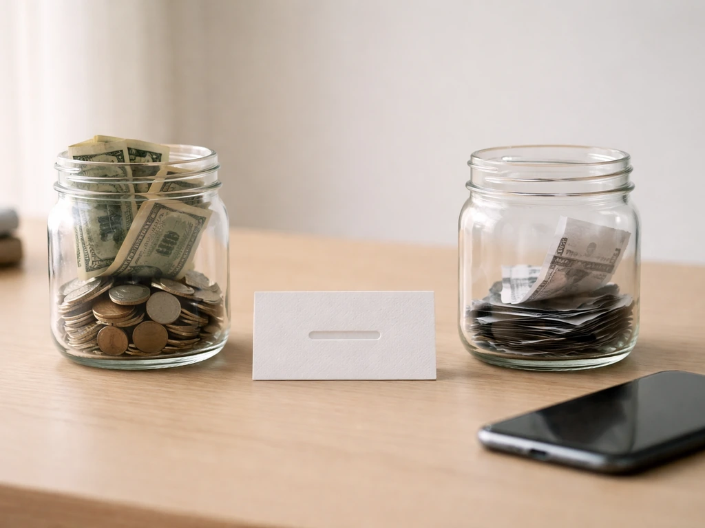 Minimal photo showing net-worth concept: money and a simple subtract-style arrangement with neutral objects, no text.