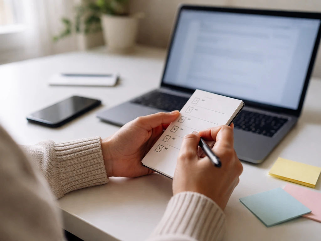 Person at desk with laptop and sticky notes, reviewing identity and cross-checking information for unclear data