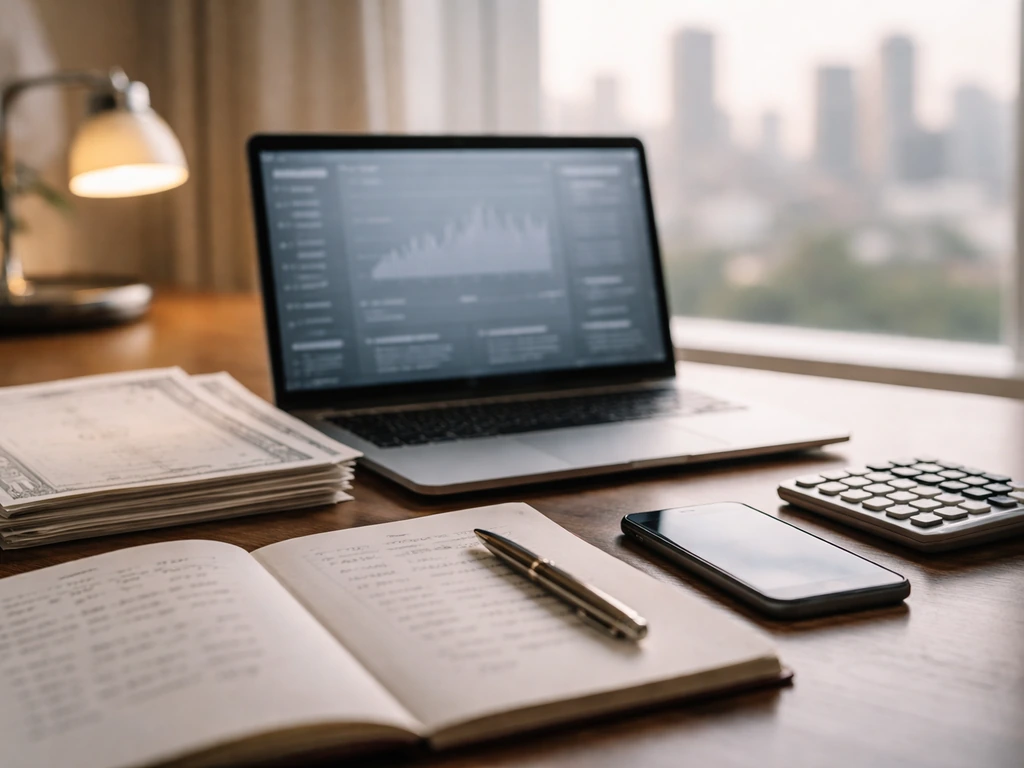 Minimal desk with laptop, blurred finance screens, and share papers symbolizing modeled net worth calculation.