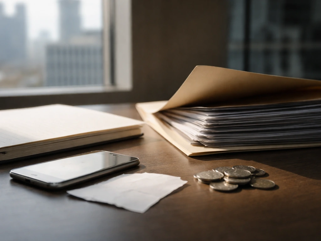 Coins and unbranded documents on an office desk symbolizing obligations affecting net worth.