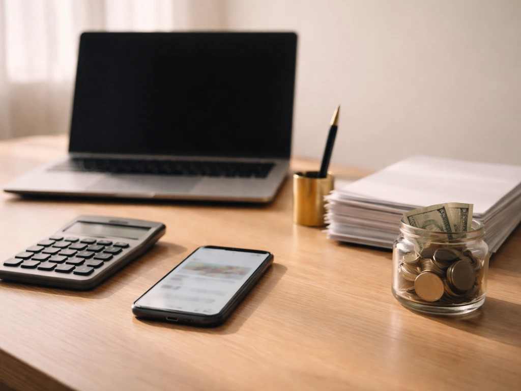 Minimal office desk with documents, calculator, coins, and a blurred financial phone screen for cross-checking wealth.