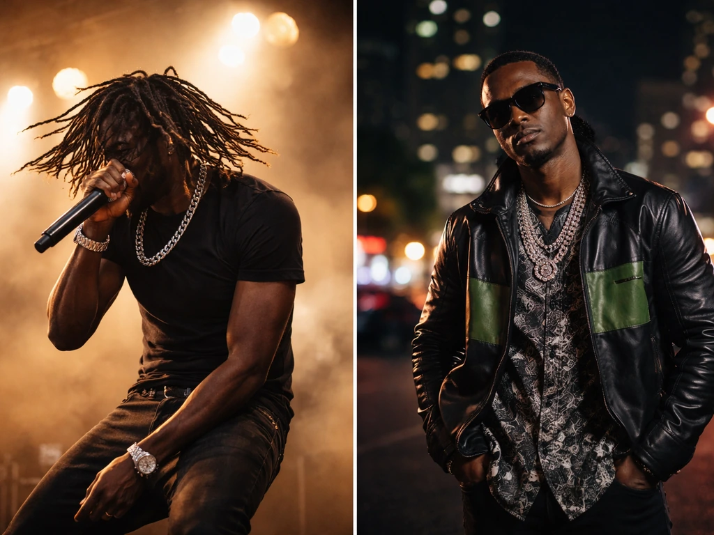 Split-screen of two anonymous dancehall performers in different era stage looks with concert haze and night city bokeh.