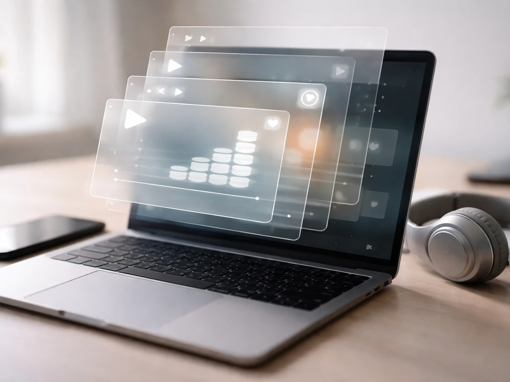 Close-up of a laptop with layered financial workflow concept for streaming-based income estimation