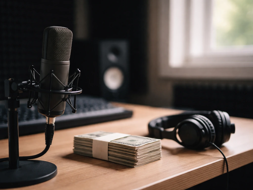 Minimal studio desk with a microphone and cash-like props symbolizing ongoing earnings timeline