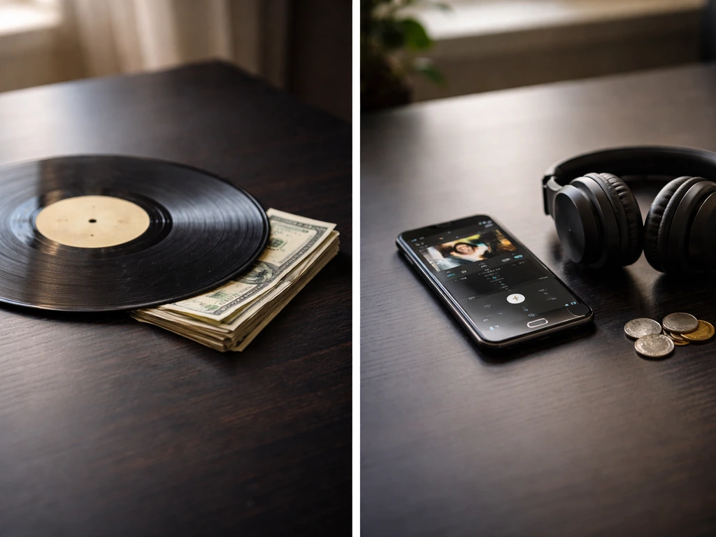 Minimal desk scene: vinyl with cash on the left, smartphone with headphones and coins on the right.