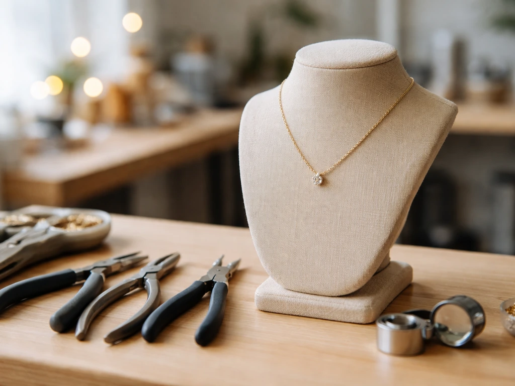 Minimal jewelry studio scene with necklace display and tools, hinting at an anonymous founder’s brand identity