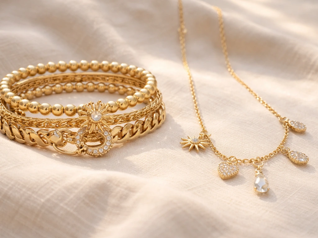 Close-up of gold-toned Valencia Key style jewelry pieces on a soft neutral background