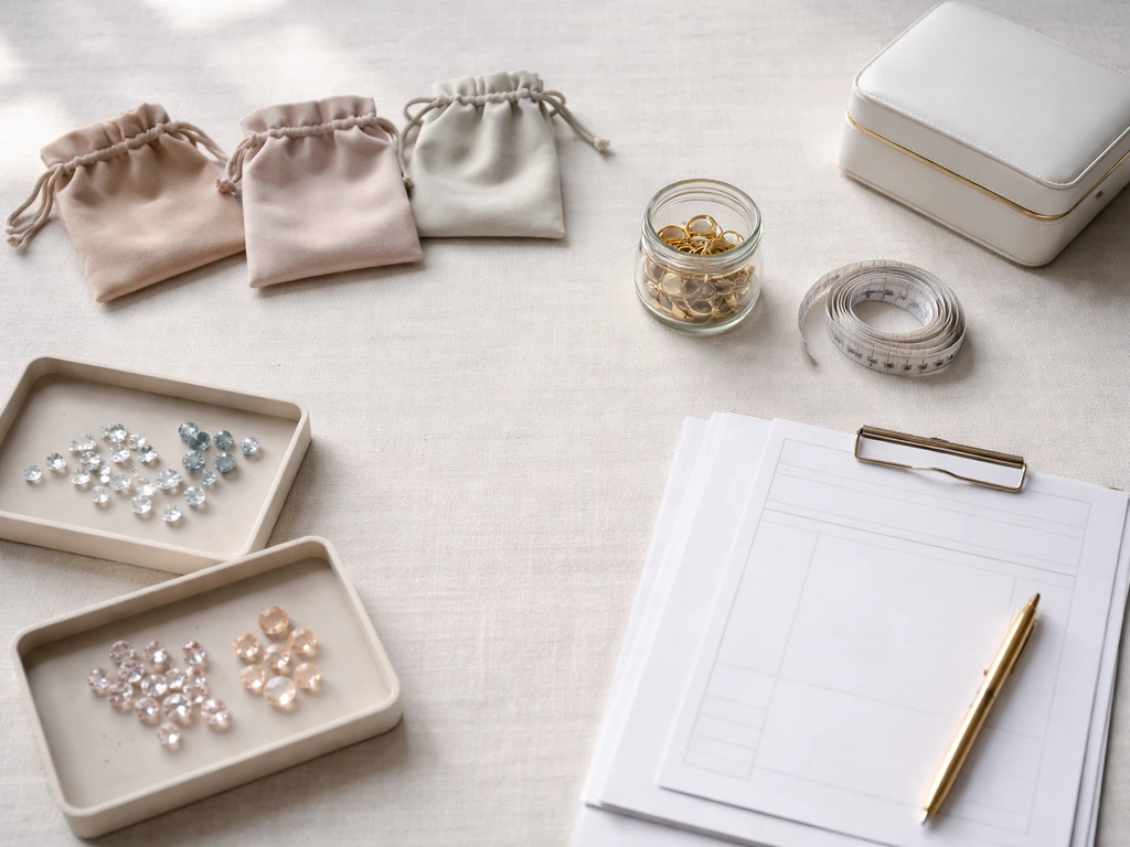 Overhead jewelry inventory on a clean worktable with pouches, boxes, and blank documents.