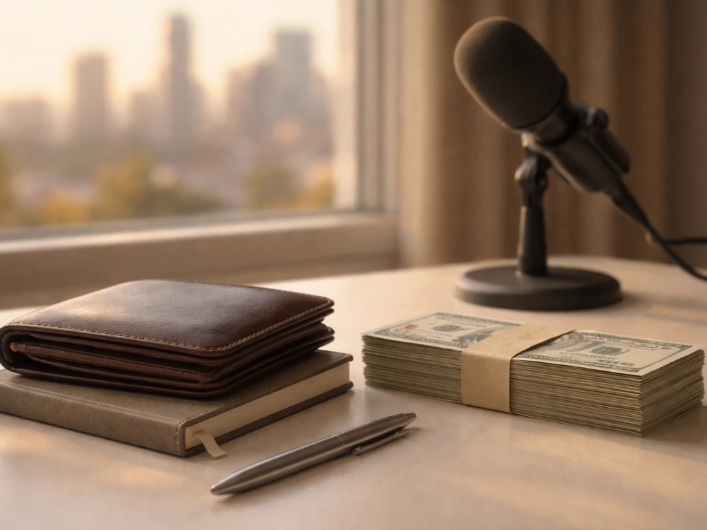 Wallet and cash on a desk with a microphone stand and blurred city skyline background.