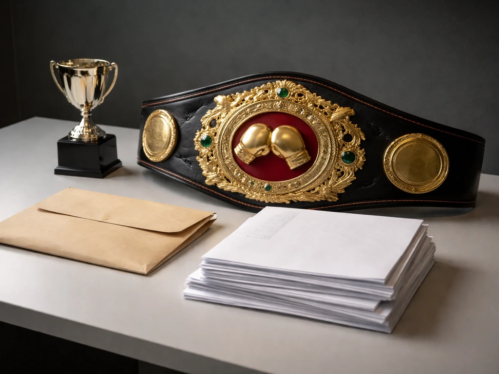 Boxing belt and small trophy on a desk beside an envelope and blank contract papers.