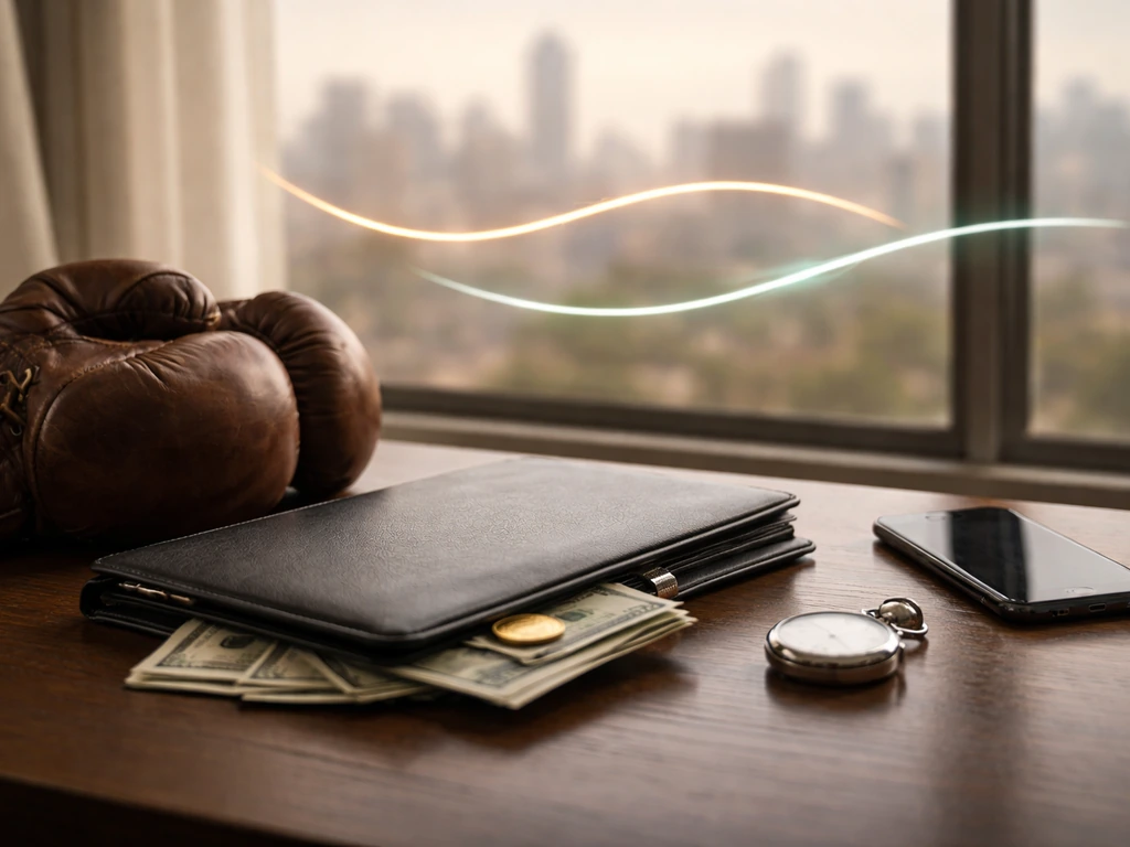 Minimal desk scene with boxing glove and finance items, with two glowing light trails suggesting two timelines.