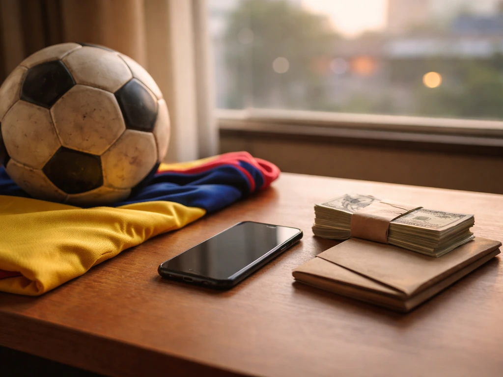 Colombian football-themed finance scene: soccer ball and smartphone beside money envelopes on a desk