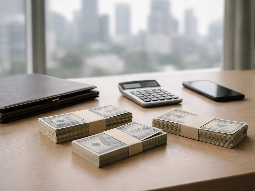 Minimal photo of a banker-style desk with cash, a calculator, and a blurred city skyline suggesting a money range