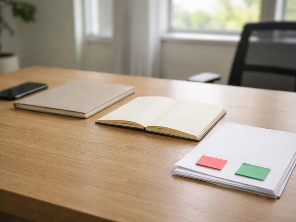 Minimal desk scene with red and green index tabs indicating unreliable vs reliable information.