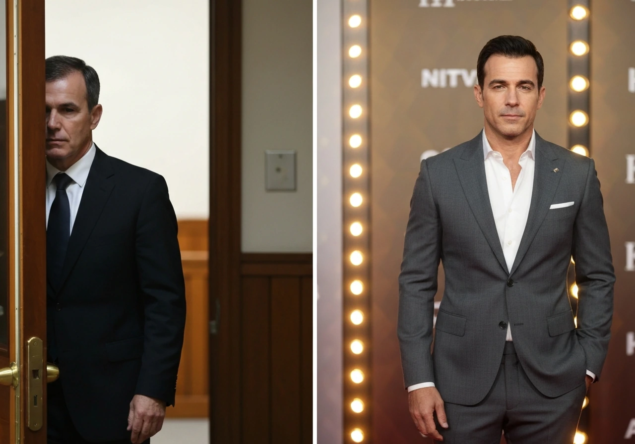 Split-style photo showing two anonymous men in formal attire representing two different husbands