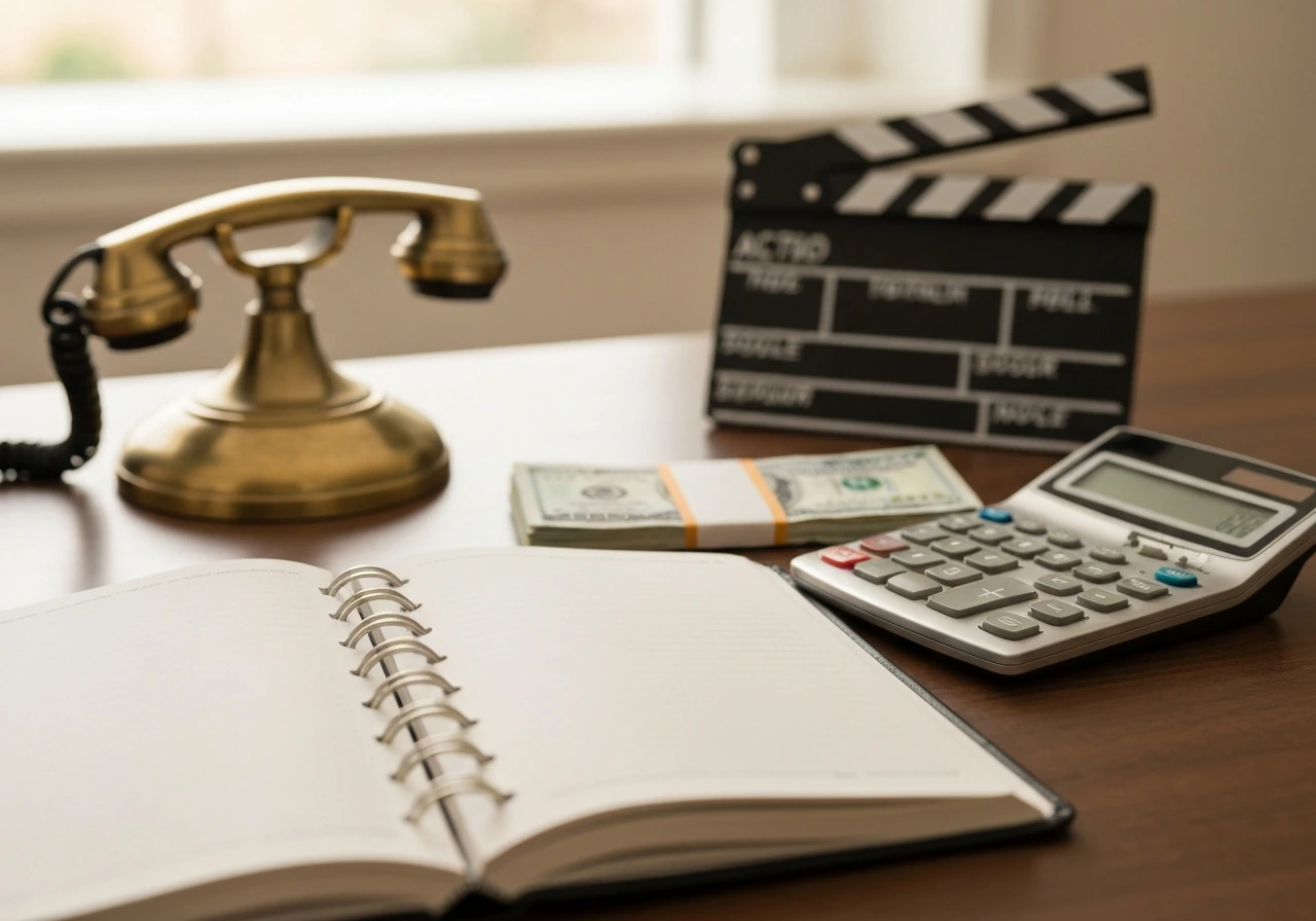 Minimal office desk scene with calculator, clapperboard, and cash stacks symbolizing a $40M estimate breakdown.