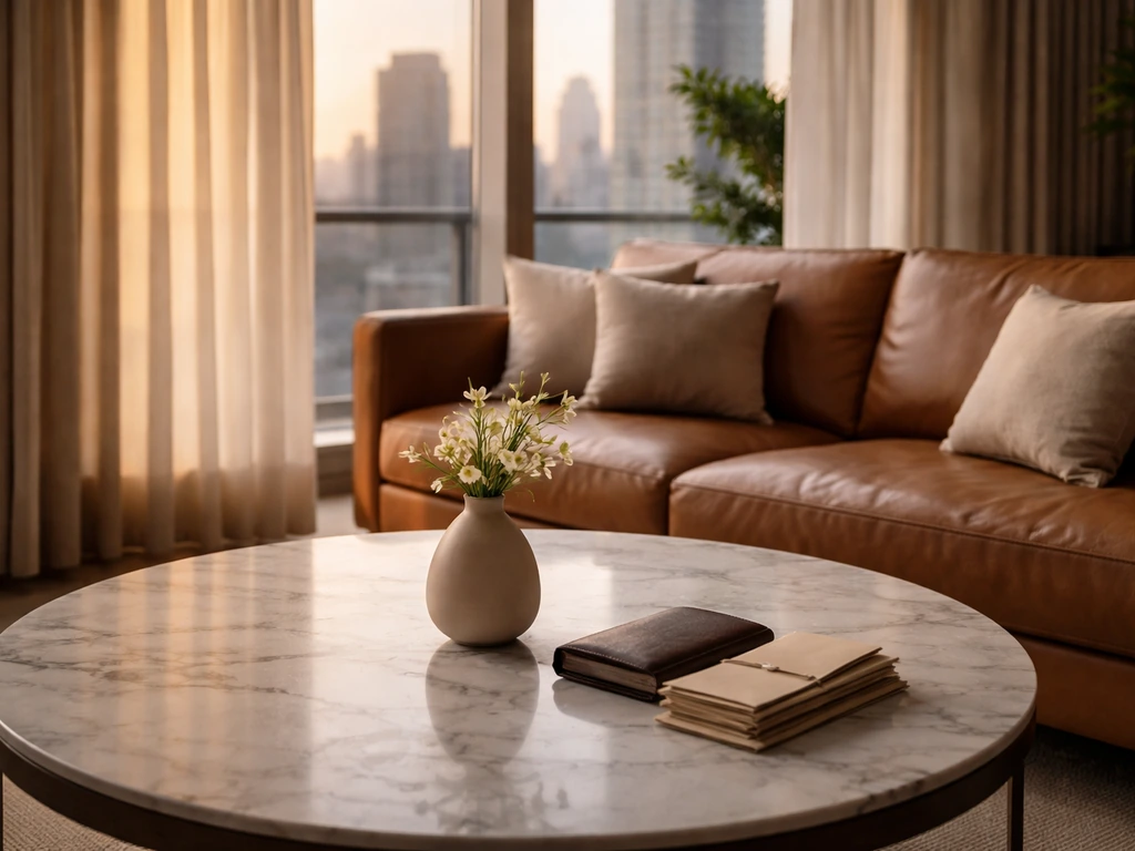 Minimal luxury living room with subtle money cues on a marble table, no people or text.